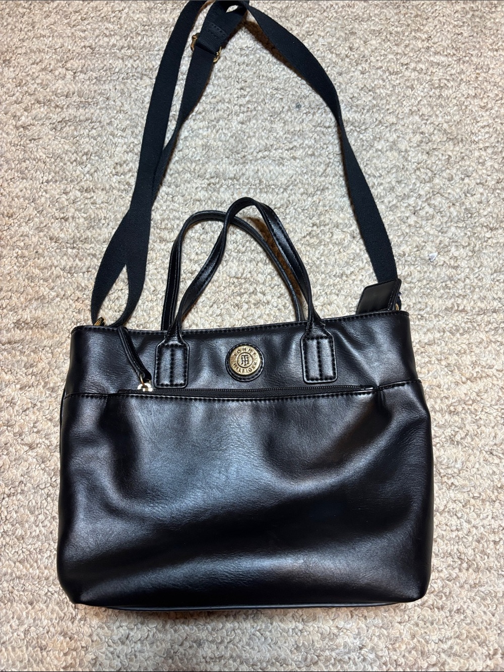 Tommy Hilfiger Black soft faux Leather Tote with Adjustable Strap